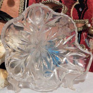 19th-Century Blown-Glass Nappy, 5-Lobes Handcut w/ Crocus Flowers & Butterflies